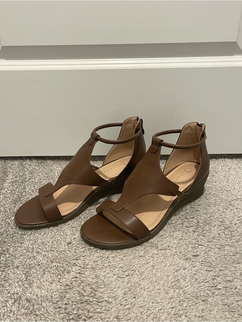 Journey Women's Brown T-Strap Wedge Sandals